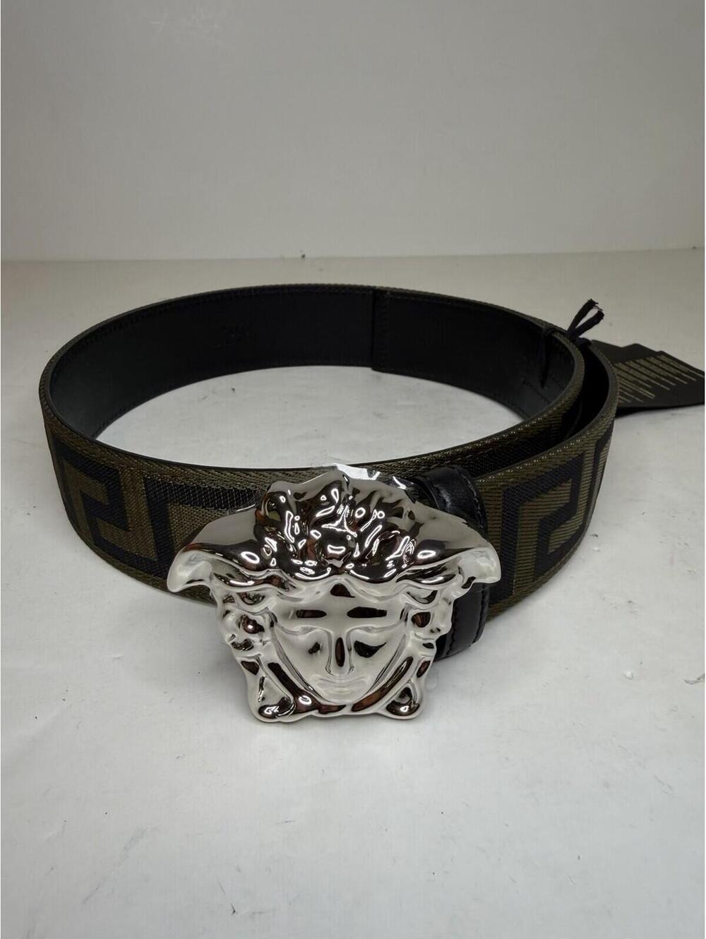 Versace Greca Canvas Medusa Belt Khaki Black Palladium 65/26 New Tags